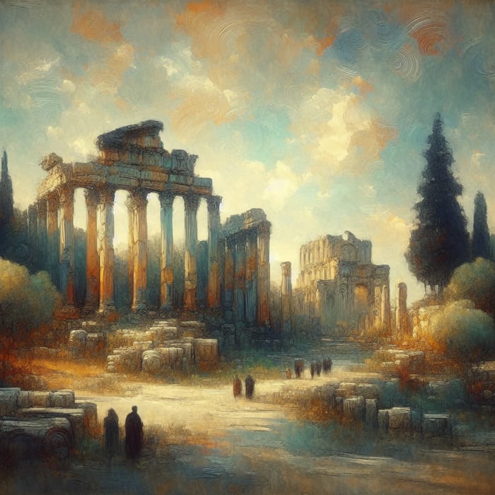 Nostalgic Painting of Ancient Ruins: Traditional & Modern Blend