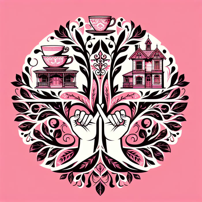 Pink Family Crest with Teacups, Houses, & Tree of Life