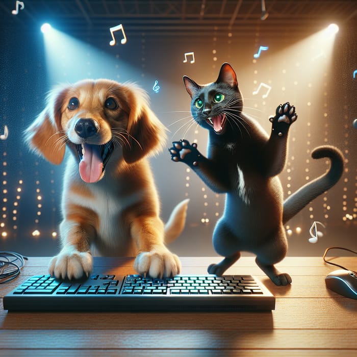 Cat and Dog Typing Joyfully at Computer - Fun Dance Scene