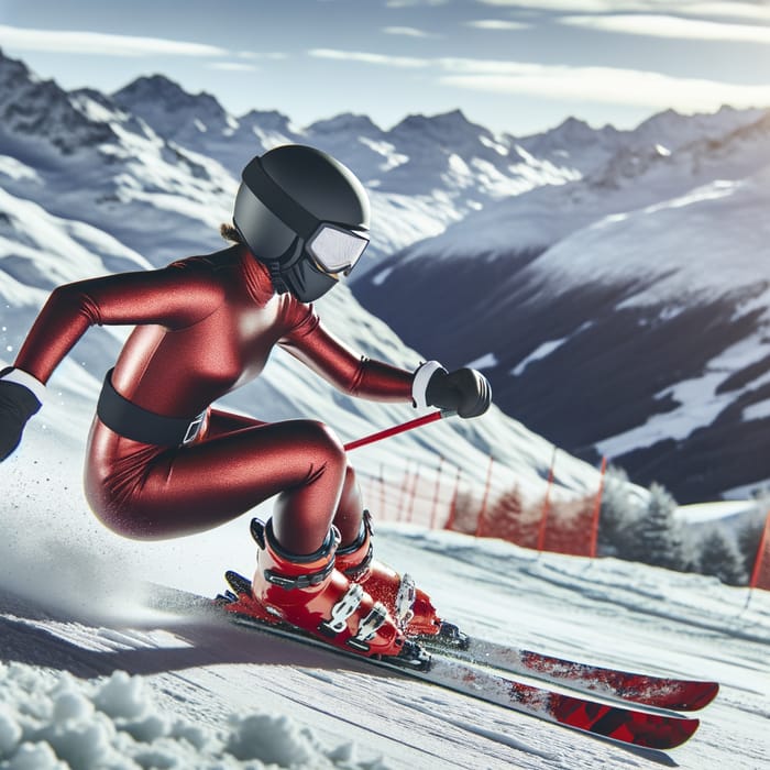 Female Skier in Red Latex Suit Speeding Downhill on Snowy Slope Female Skier in Red Latex Suit Speeding Downhill on Snowy Slope