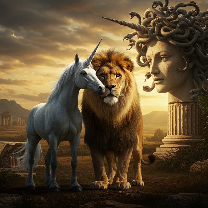 Lion, Unicorn, and Medusa Head Art