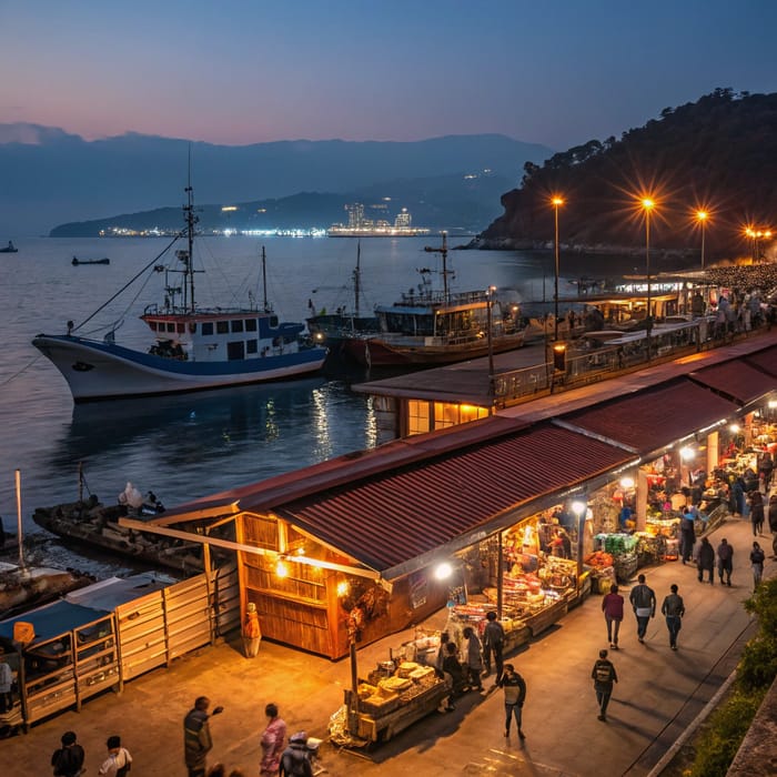 Vibrant Nighttime Fishing Port with Markets and Lights Vibrant Nighttime Fishing Port with Markets and Lights
