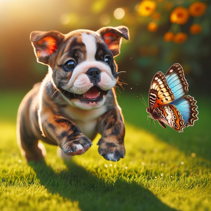 Baby Bulldog Chasing Butterfly on Sunny Day