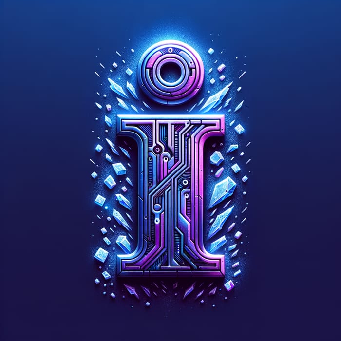 Metallic Purple 'I' on Blue Background with Cyberpunk Ice Particles