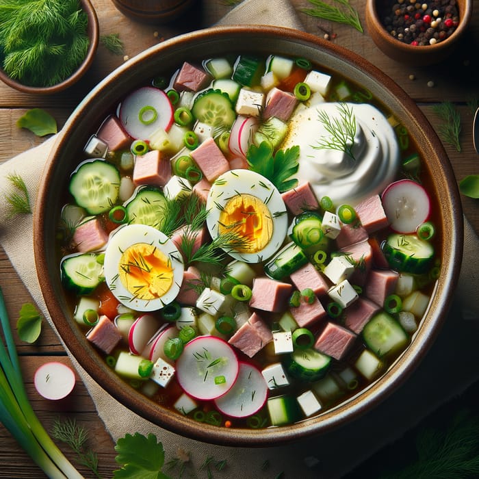 Traditional Russian Okroshka on Kvass Recipe with Fresh Vegetables