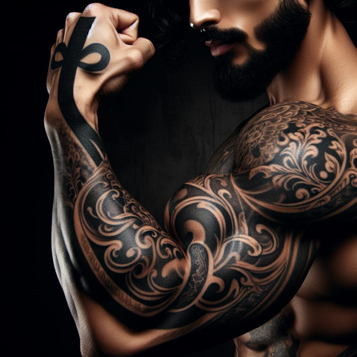 Hispanic Man Forearm Tattoo with Detailed Black Ribbon Design