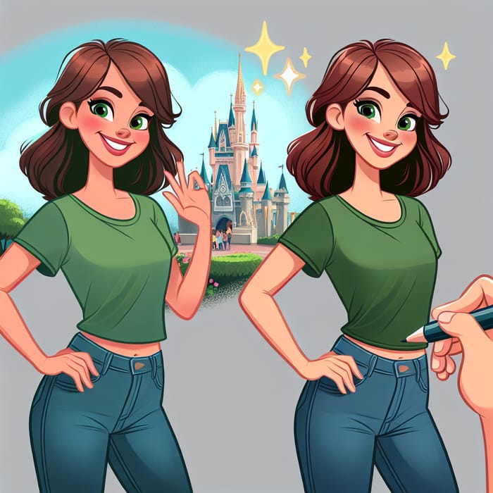 Disney Style Woman in Green Tee, Jeans, Smiling