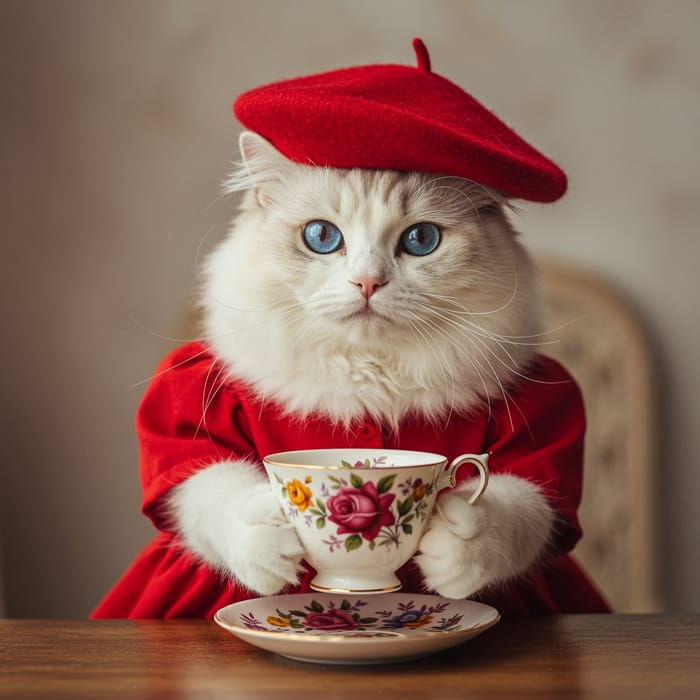 Adorable White Cat in Red Beret and Dress