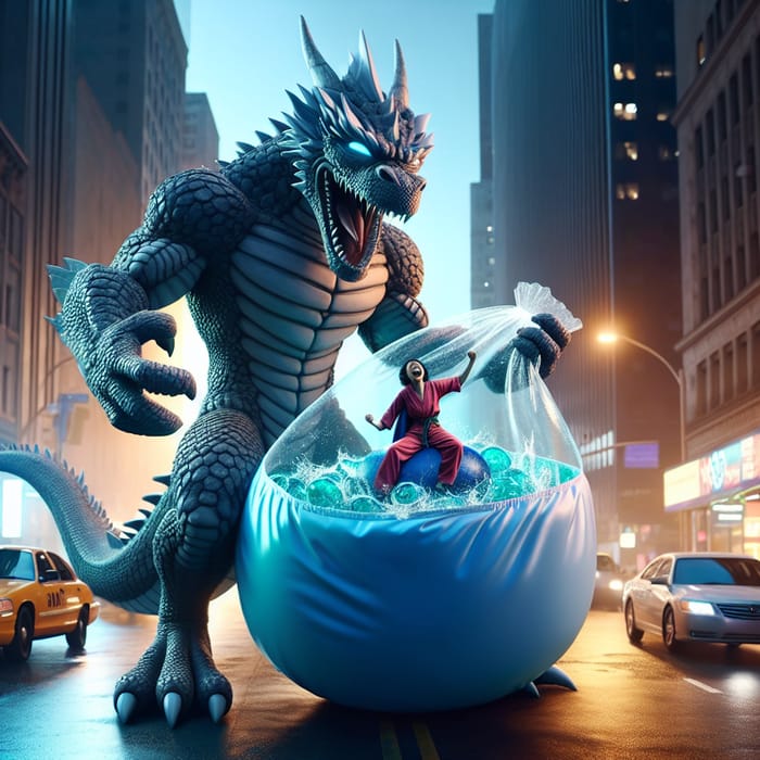 Dragon Superhero Holding Joyful Woman in Oversized Diaper | City Street Marvel