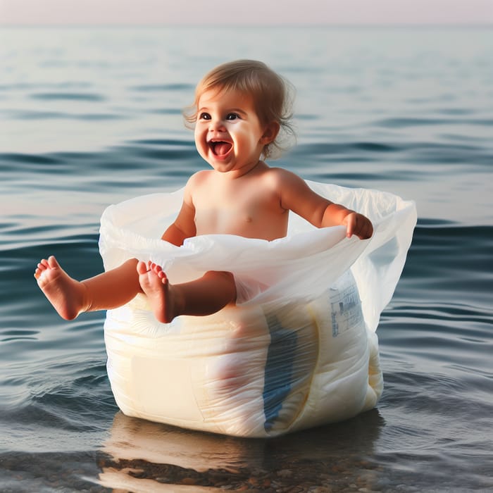 Joyful Toddler Girl Floats in Inflated Ocean Diaper