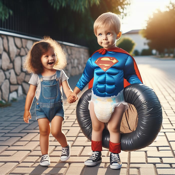 Caucasian Toddler Super Hero & Joyful Black Teen Scene