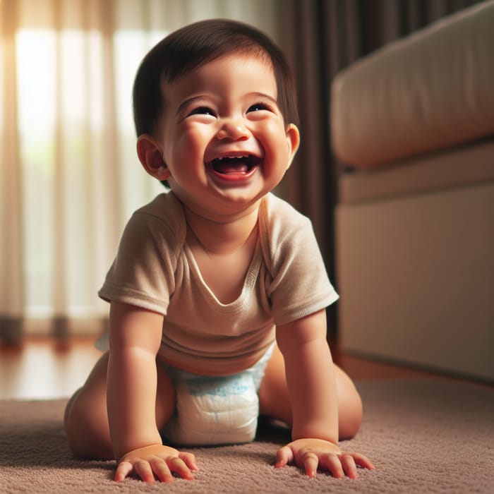 Joyful Toddler Laughing in Baby Diaper - Innocent Expression