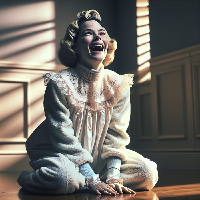 Captivating Image of Woman in Baby Diaper Laughing in Cinematic Lighting