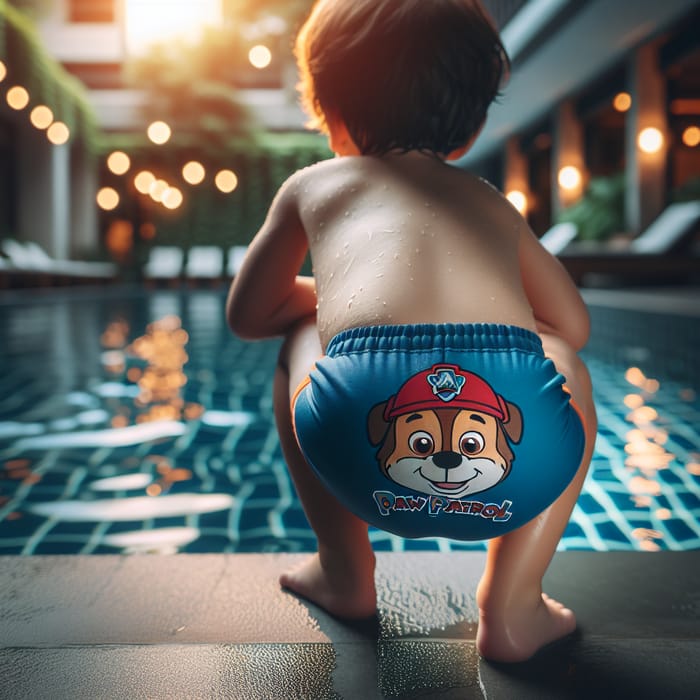 Adorable Toddler in Paw Patrol Swim Shorts Kneeling Poolside