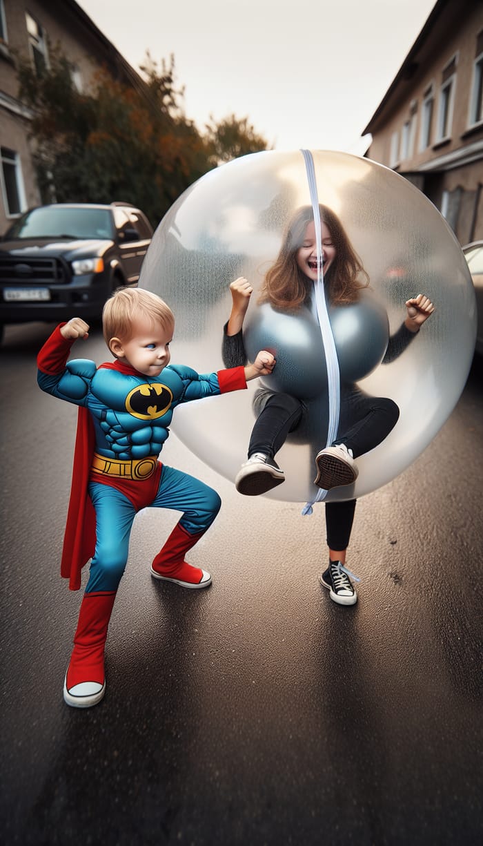 Playful Toddler Superhero Holds Teen Girl in Water Balloon Fun