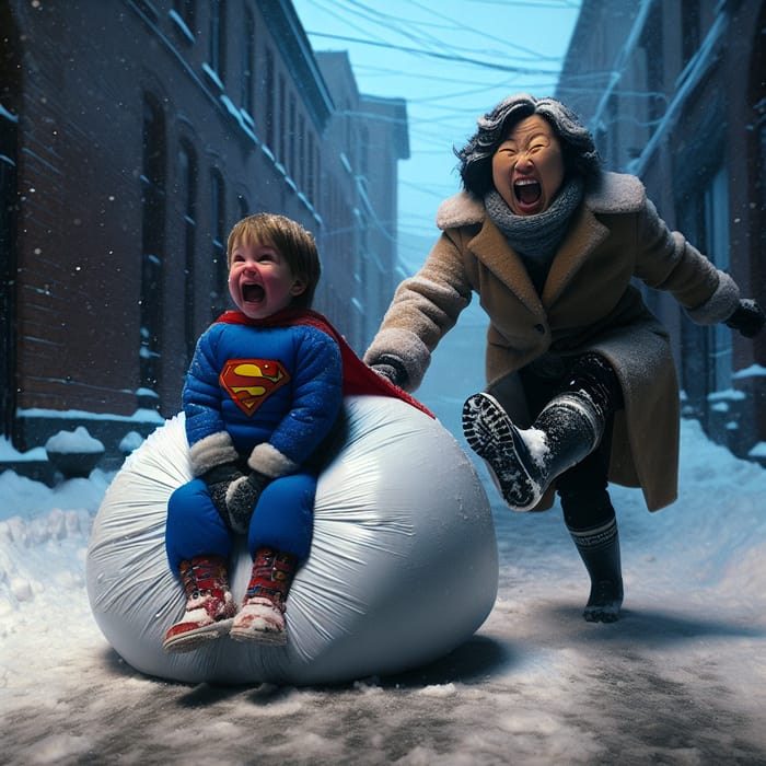 Charming 4k Scene: Super Hero Toddler Pushes Woman in Snow-filled Street