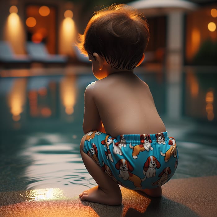 Charming Toddler in Paw Patrol Swim Shorts at Poolside Dusk Scene