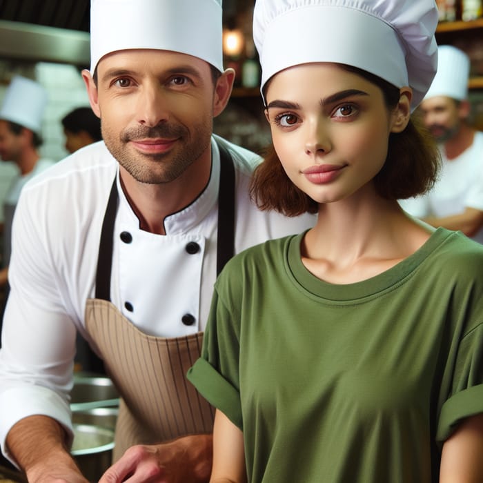 Short Woman in Green Shirt with Brown Hair Cooking with Bald Man in Chef Outfit