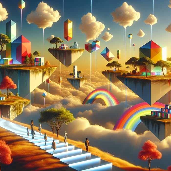 Surreal Landscape with Rainbow Paths