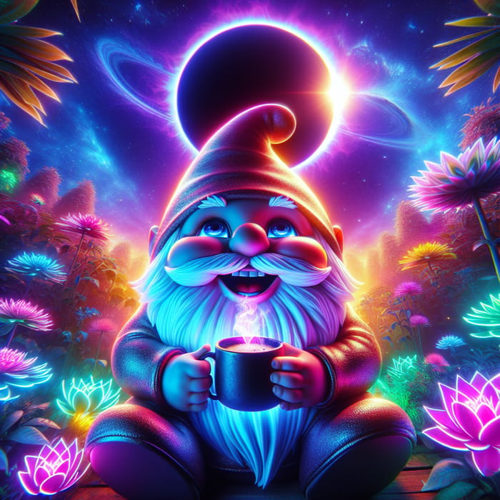 Neon Gnome in a Magical Eclipse Garden