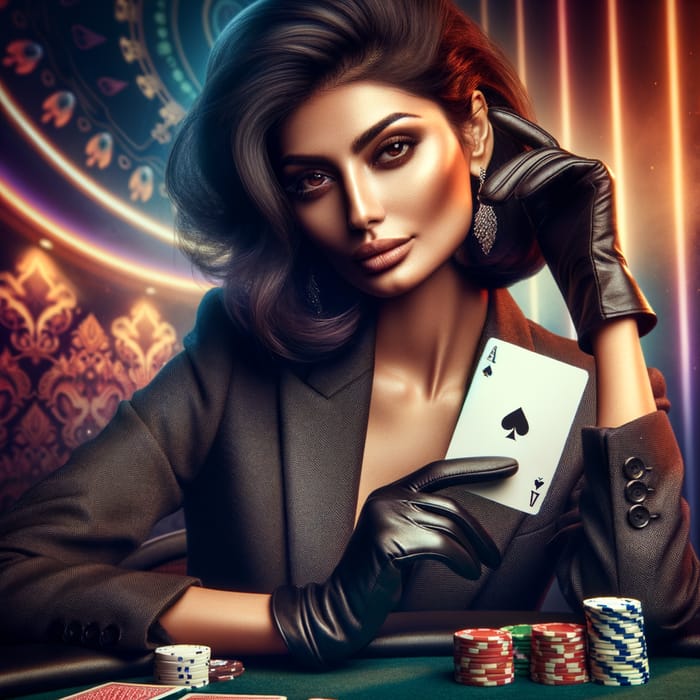 Stylish Woman with Gloves Holding Poker Cards in Casino