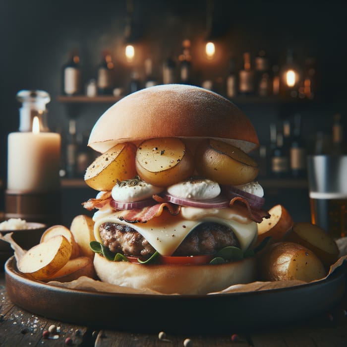 Savory Soft Burger with Mozzarella, Baked Potatoes, and Guanciale in Cozy Pub