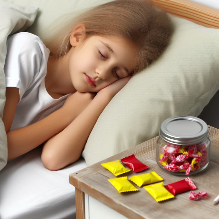 Cute Girl Napping in Bed with Colorful Tokens on Bedside Table