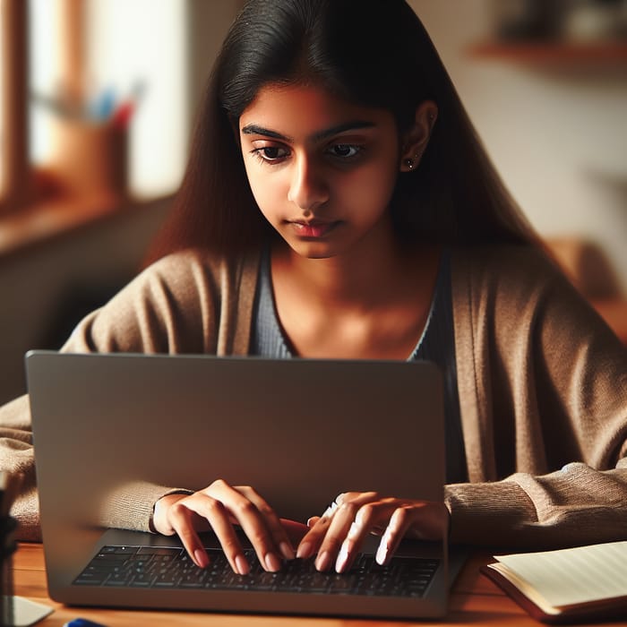 Young Woman Engrossed in Laptop Work