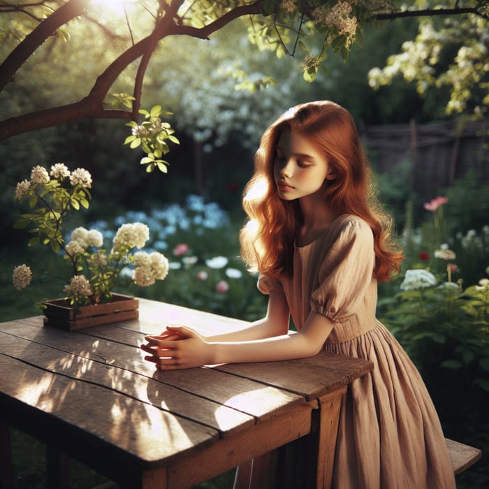 Girl Sitting on Table - Summer Garden Serenity