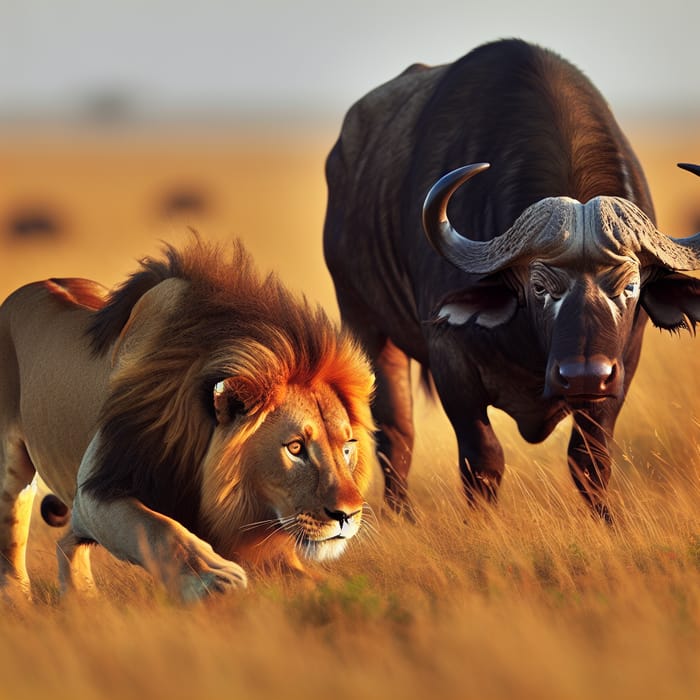 Lion Preying on Wild Buffalo in Grasslands