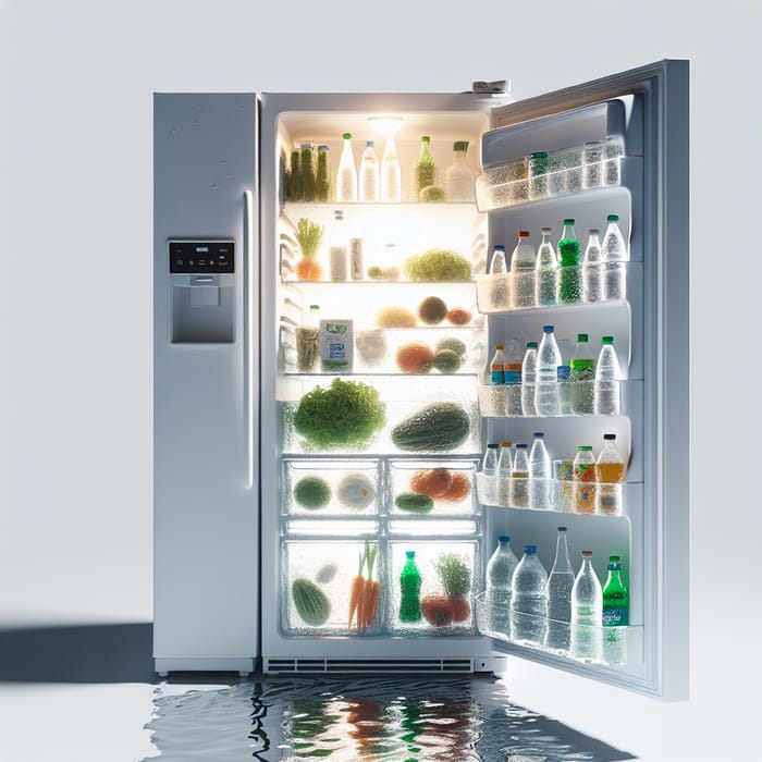 Unique Scene: Water Inside Fridge - Fresh Vegetables and Chilled Drinks