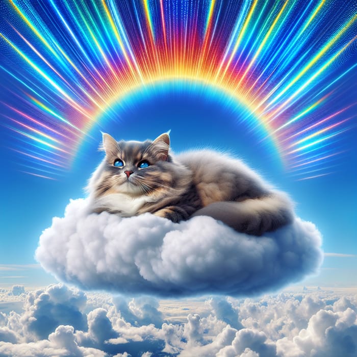 Fluffy Cat in Cloud with Rainbow