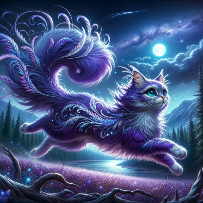 Majestic Purple Cat in Enchanted Night Forest