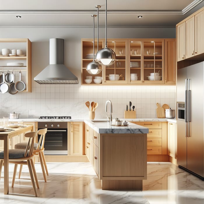 Bright Modern Kitchen with Wooden Cabinets and Marble Countertop