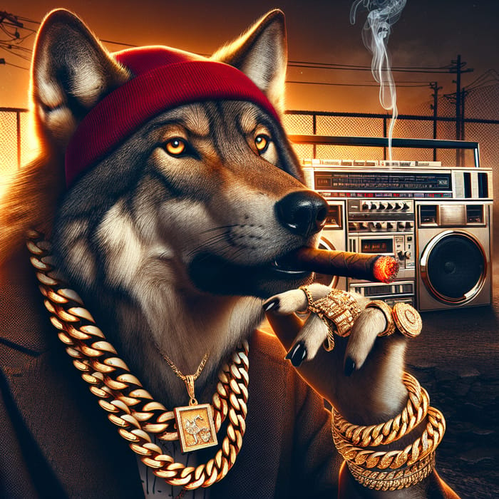 Wolf Smoking Cigar with Gold Chain and Powerful Sound System