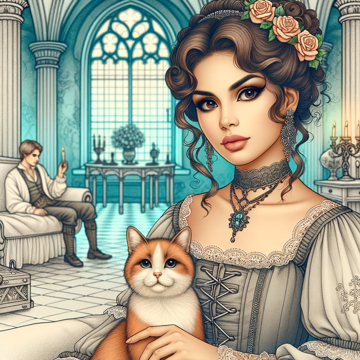 Beautiful Hispanic Lady in Antique Attire with Cat in Castle Chamber