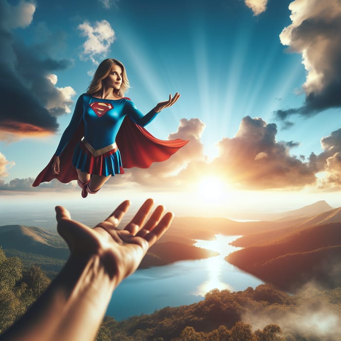 Enchanting Landscape with Female Superhero in Sky