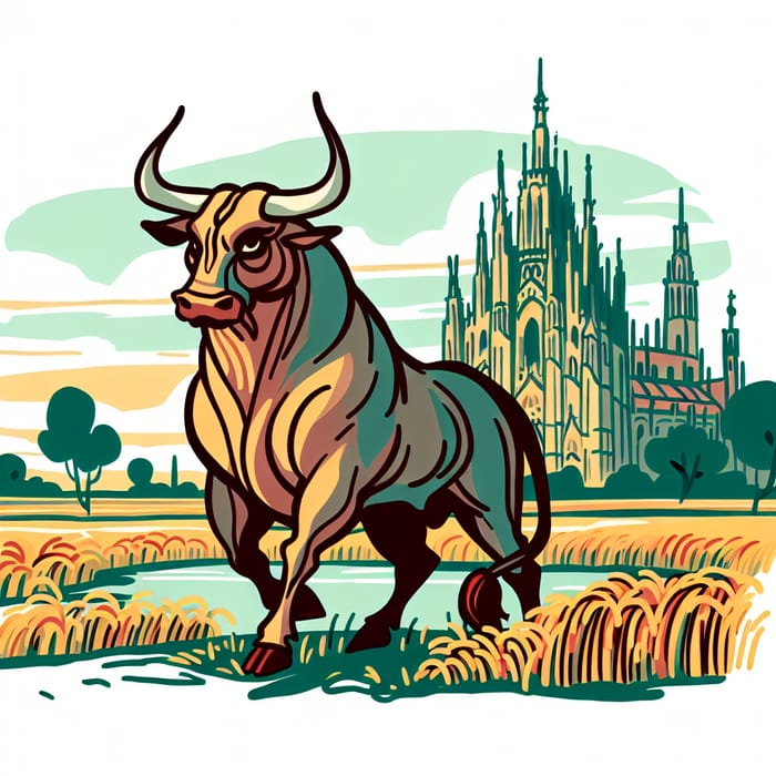 Majestic Bull in a Gothic Landscape - Cartoon Style Majestic Bull in a Gothic Landscape - Cartoon Style
