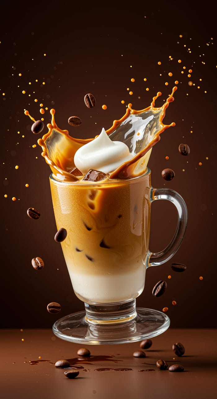 Vibrant Floating Iced Latte with Coffee Splash