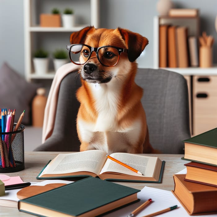 Intelligent Canine Studying - Focused Dog at Study Table