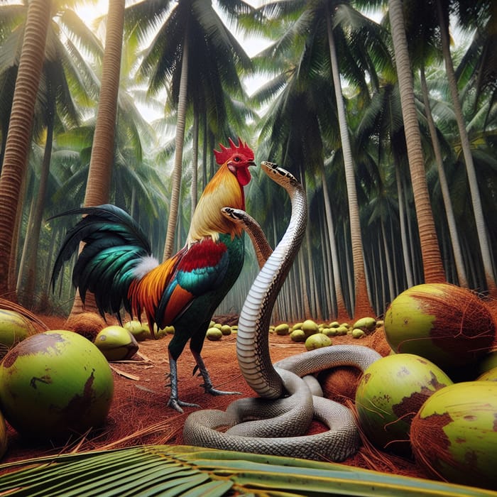 Vibrant Rooster and Serpent Embrace in Tropical Jungle