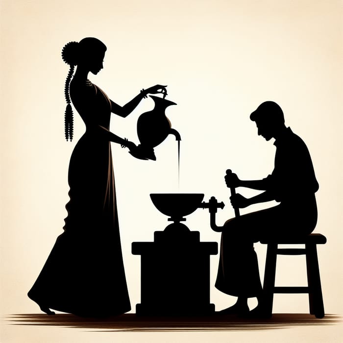 Silhouette Art: Woman with Urn & Man with Grindstone