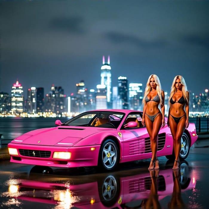 Pink Ferrari Testarossa at Night with City Skyline