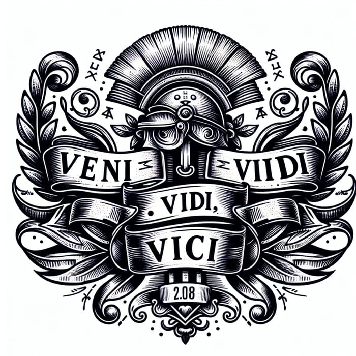 Intricate Tattoo Design with 'Veni Vidi Vici' Phrase & Roman Motifs