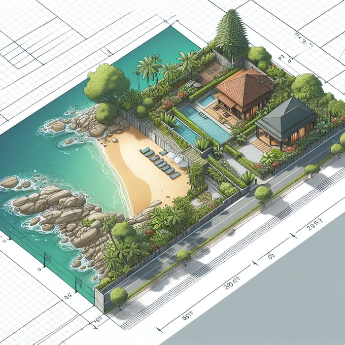 Architectural Plot Plan for 200x65 ft Lot with Rocky Beach & Tropical Street Views