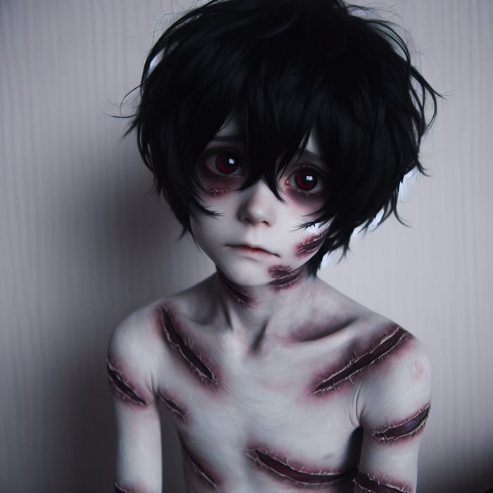 Pale Boy with Dark Red Eyes, Shaggy Black Hair, and Scarred Skin