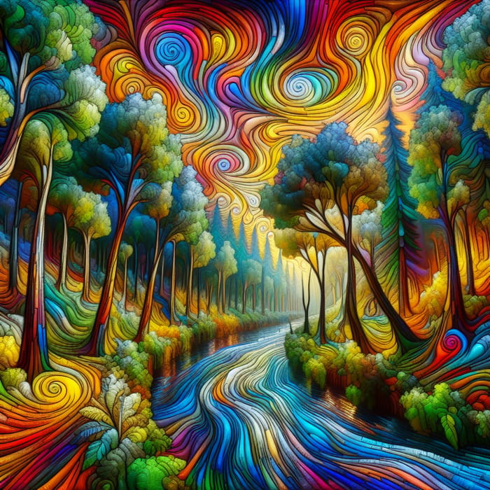 Vivid Abstract Nature Scene | Swirling Patterns & Psychedelic River