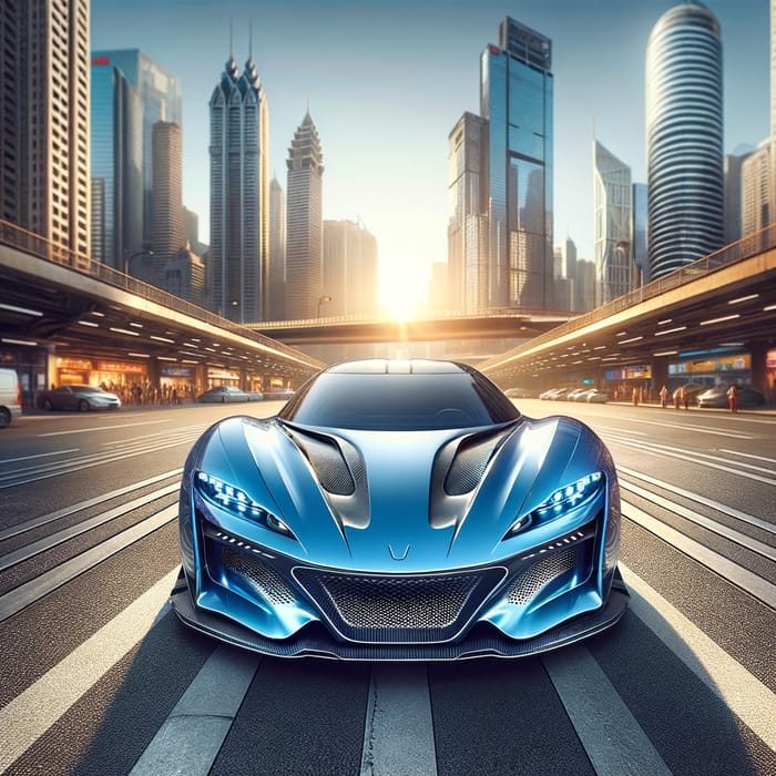 Blue Sports Car in Urban City Setting