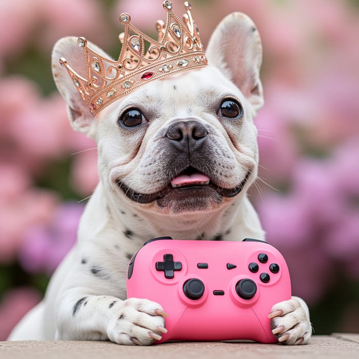 Adorable French Bulldog in Pink Gaming Crown