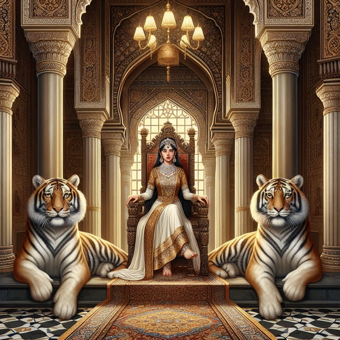 Breathtaking Middle-Eastern Princess with Tigers in Luxurious Royal Hall